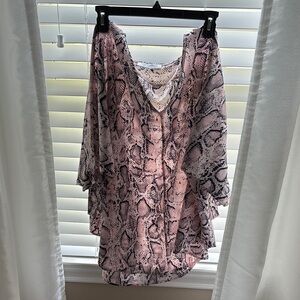 Pink and Blue Asymmetrical Blouse with Dolman Sleeves